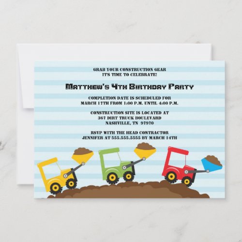 Construction dump truck boys birthday party invite