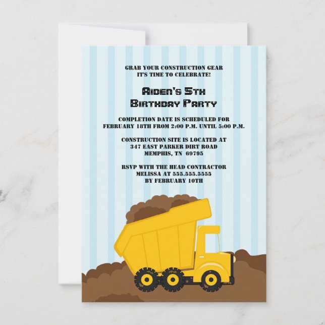 Construction dump truck boys birthday party invite (Front)