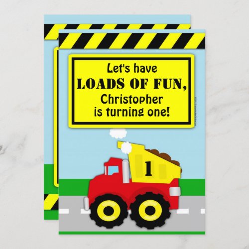 Construction Dump Truck Boys First Birthday Invitation