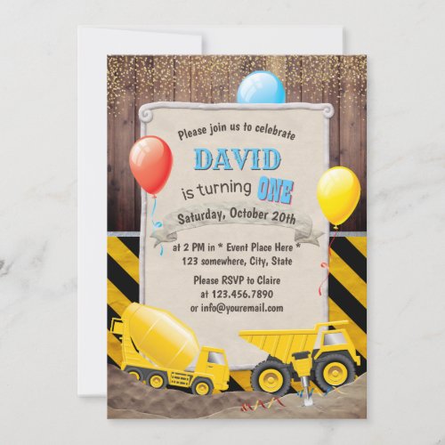 Construction Dump Truck Boys First Birthday Invitation