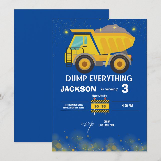   Construction Dump Truck Boys Navy Birthday Party Invitation (Front/Back)