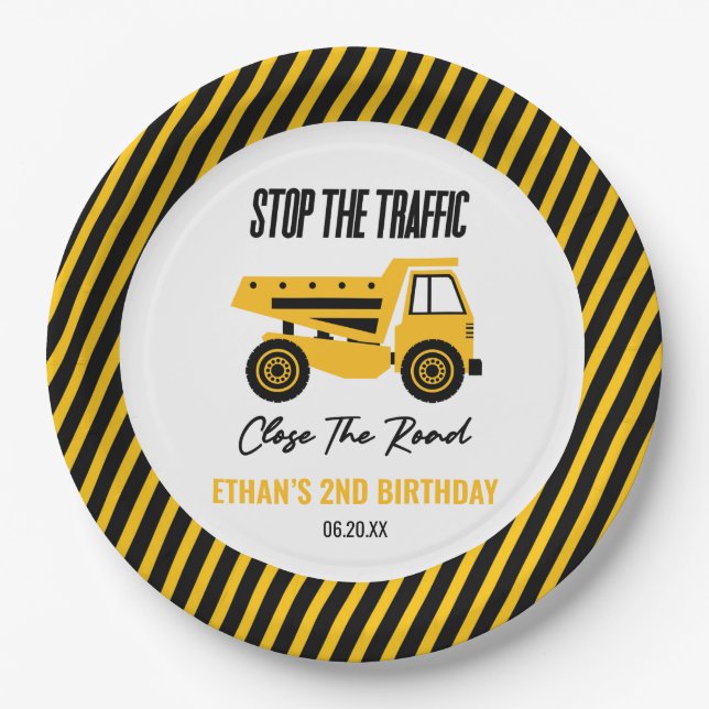 Construction Dump Truck Bulldozer Birthday Party Paper Plates (Front)