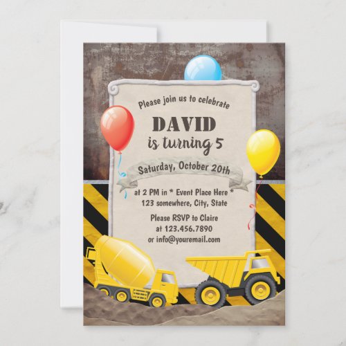 Construction Dump Truck Cement Mixer Boys Birthday Invitation