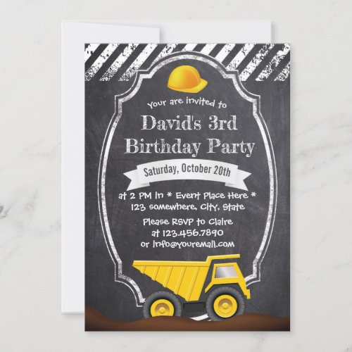 Construction Dump Truck Chalkboard Birthday Party Invitation