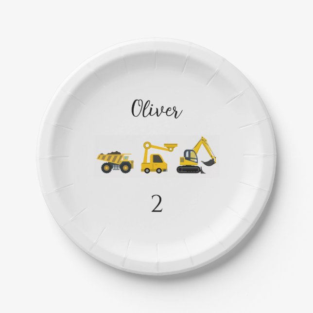 Construction Dump Truck, Crane & Excavator Paper Plates (Front)