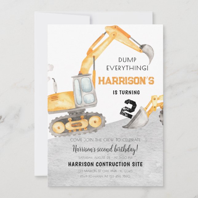 Construction Dump Truck Digger 2nd Birthday  Invitation (Front)