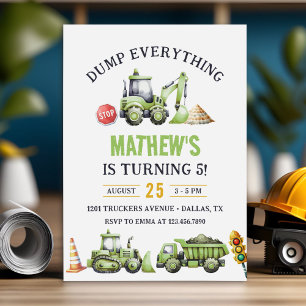 Construction Dump Truck Digger 5th Birthday Invitation