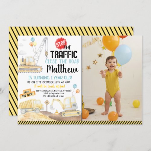 Construction Dump Truck Digger Birthday Invitation