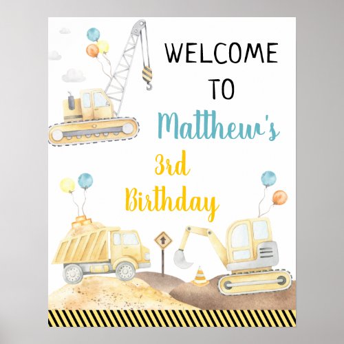 Construction Dump Truck Digger Birthday Welcome Poster