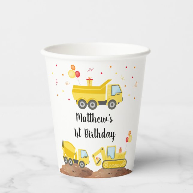 Construction Dump Truck Digger Boy Birthday Paper Cups (Front)