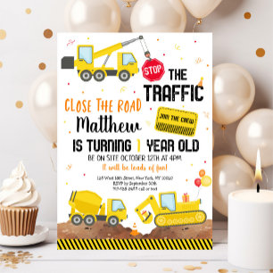Construction Dump Truck Digger First Birthday Invitation