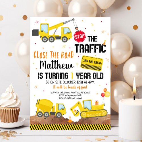 Construction Dump Truck Digger First Birthday Invitation