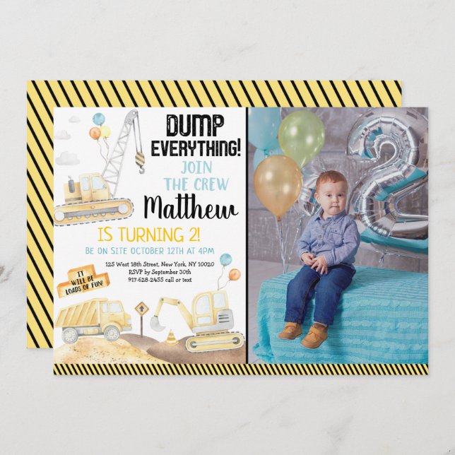 Construction Dump Truck Digger Second Birthday Invitation (Front/Back)