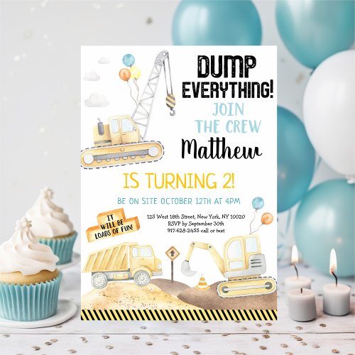 Construction Dump Truck Digger Second Birthday Invitation