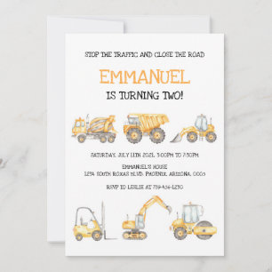Construction Dump Truck Excavator Boy Birthday  Invitation