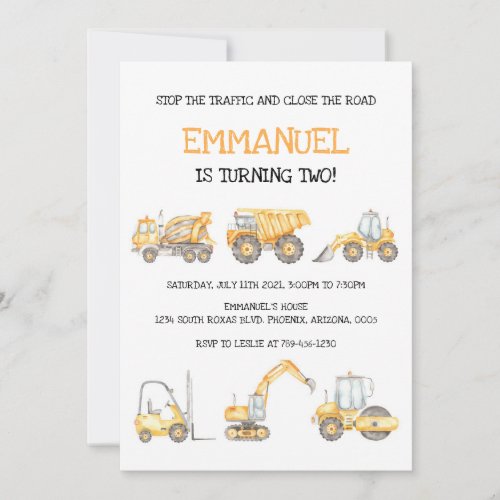 Construction Dump Truck Excavator Boy Birthday  Invitation