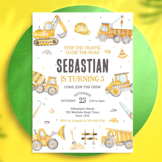Construction Dump Truck Excavator Boy Birthday Invitation (Creator Uploaded)