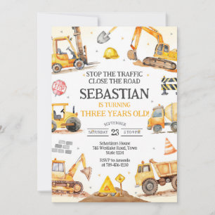 Construction Dump Truck Excavator Kids Birthday  Invitation