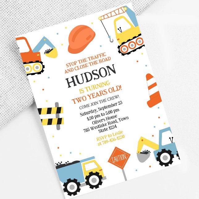 Construction Dump Truck Excavator Kids Birthday Invitation (Creator Uploaded)
