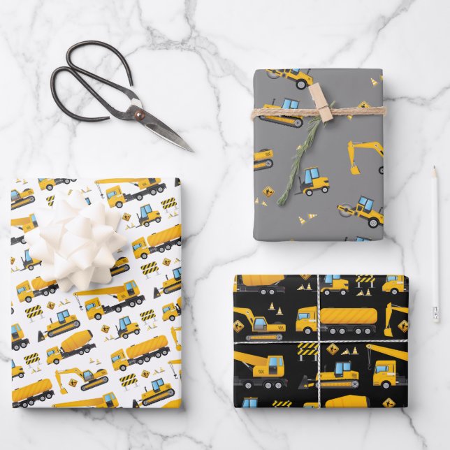 Construction Dump Truck Excavator Kids Present Wrapping Paper Sheets (Front)