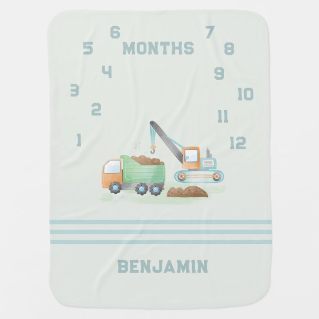 Construction Dump Truck Green Boy Name Milestone Baby Blanket (Front)