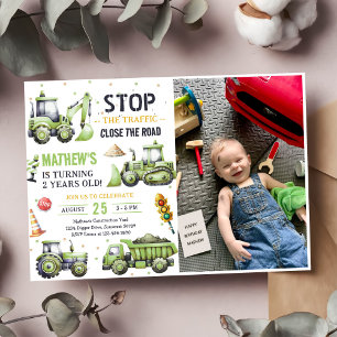 Construction Dump Truck Kids 2nd Birthday Photo Invitation