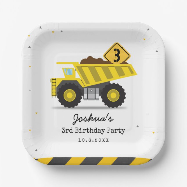 Construction Dump Truck Kids Any Age Birthday Paper Plates (Front)