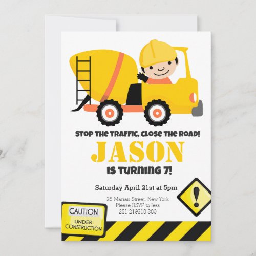 Construction Dump Truck Kids Birthday Party Invitation