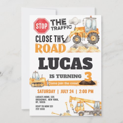 Construction Dump Truck Kids Birthday Party Invitation