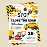 Construction Dump Truck Kids Birthday Party Invitation<br><div class="desc">Construction themed birthday party invitations featuring a simple white background,  with cute cartoon illustrations of bunting,  stop signs,  a dump truck,  a digger,  a cement truck,  a wrecking ball crane,  splatters of dirt,  and a modern kids birthday celebration template that is easy to personalize.</div>