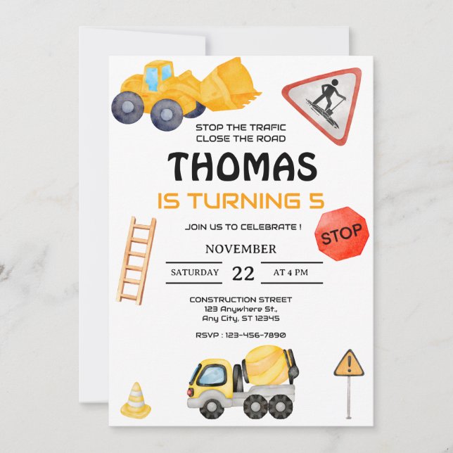 Construction Dump Truck Kids Birthday Party Invitation (Front)