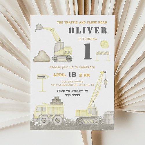 Construction Dump Truck Kids First Birthday Party Invitation