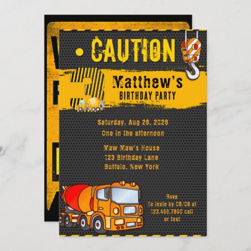 Construction Dump Truck Orange_Yellow 3rd Birthday Invitation