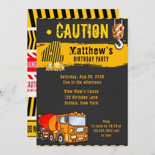 Construction Dump Truck Orange_Yellow 4th Birthday Invitation