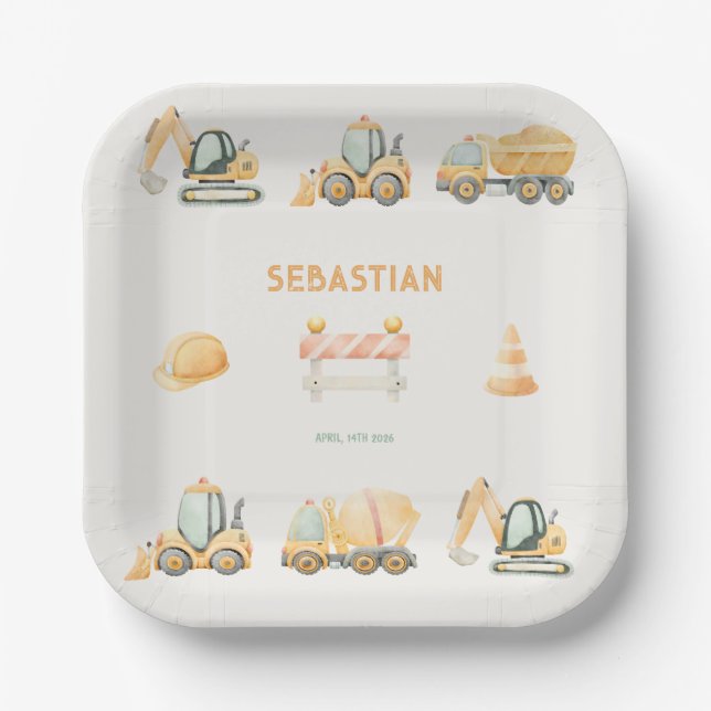 Construction Dump Truck Party Boy First Birthday Paper Plates (Front)