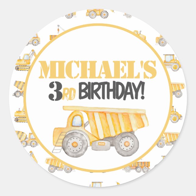 Construction Dump Truck Party Labels Stickers  (Front)