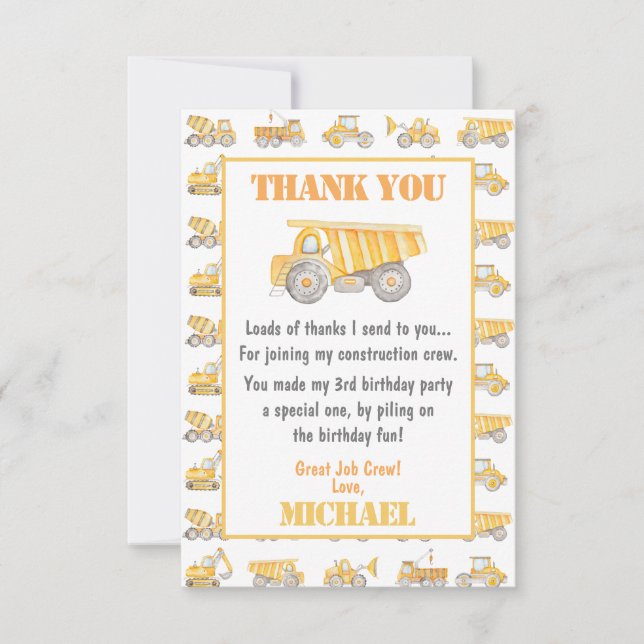 Construction Dump Truck Party Thank You Card (Front)