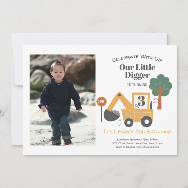 Construction Dump Truck Photo 3nd Birthday Party Invitation (Front)
