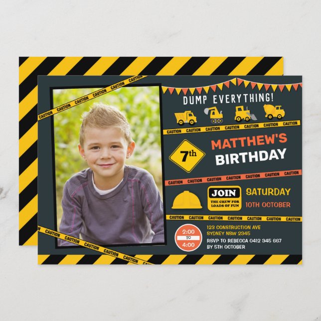 Construction Dump Truck Photo Boy Birthday Party Invitation (Front/Back)