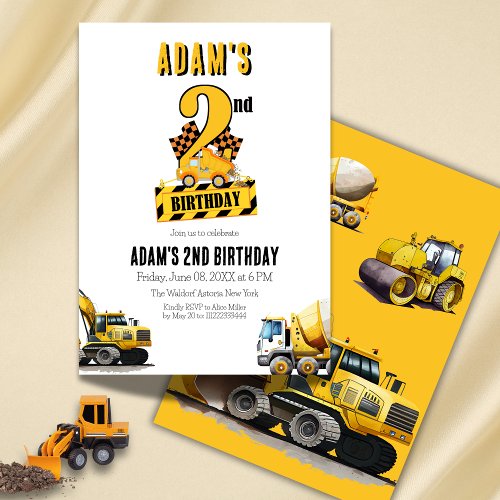 Construction Dump Truck Second Birthday Party Invitation