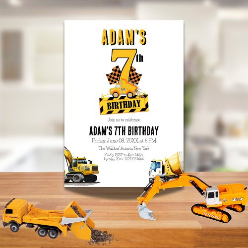 Construction Dump Truck Seventh Birthday Party Invitation