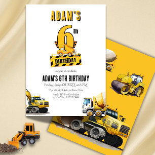 Construction Dump Truck Sixth Birthday Party Invitation