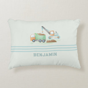 Construction Dump Truck Soft Blue Green Boy Name Accent Pillow