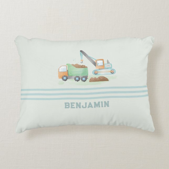 Construction Dump Truck Soft Blue Green Boy Name Accent Pillow (Front)