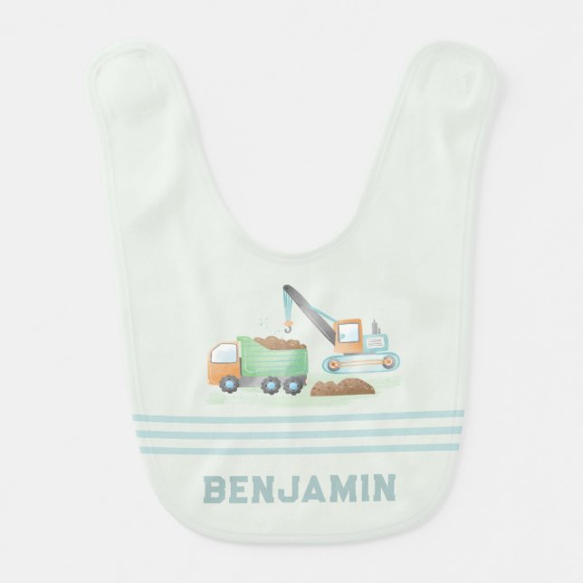 Construction Dump Truck Soft Blue Green Boy Name Baby Bib (Front)