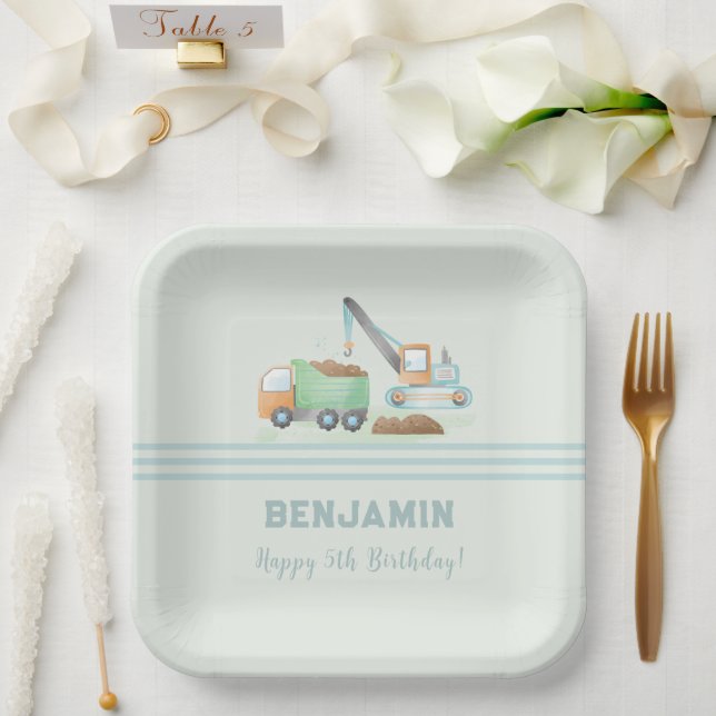 Construction Dump Truck Soft Blue Green Boy Name Paper Plates (Wedding)