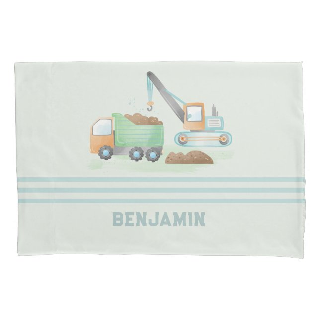 Construction Dump Truck Soft Blue Green Boy Name Pillow Case (Front)