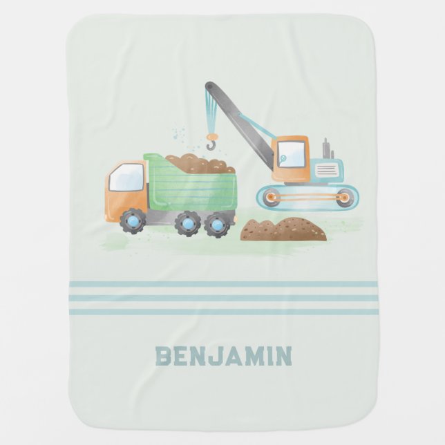 Construction Dump Truck Soft Green Blue Boy Name Baby Blanket (Front)