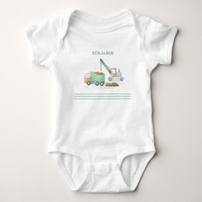 Construction Dump Truck Soft Green Blue Boy Name Baby Bodysuit (Front)