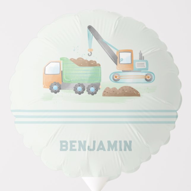 Construction Dump Truck Soft Green Blue Boy Name Balloon (Front)